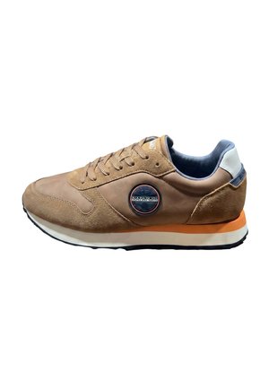 Brown suede and leather sneaker with orange and white sole, round logo patch on side, beige laces, and white heel detail.