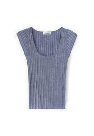 Haut sans manches en maille côtelée bleu clair avec un large décolleté arrondi et une silhouette ajustée.