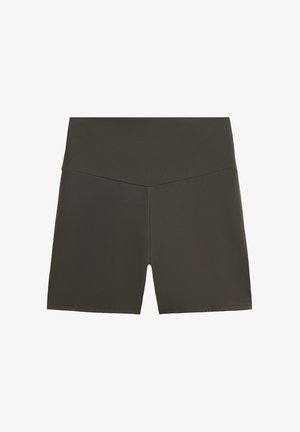 Şorturi înalte, de culoare verde olive închis, fabricate dintr-un material neted și elastic. Prezintă linii curate și un design minimalist, fără elemente hardware vizibile.