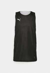 Maglia sportiva nera senza maniche realizzata in tessuto a rete. Presenta un collo tondo, un colletto interno grigio a contrasto e un logo bianco sul petto.