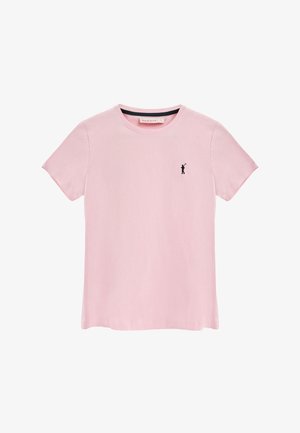 Camiseta de manga corta de color rosa claro en algodón, con cuello redondo y un pequeño detalle del logo negro en el lado izquierdo del pecho.