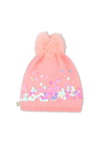 Bonnet en tricot rose avec un pompon en tulle et des embellissements en sequins holographiques à l'avant, présentant un ourlet côtelé texturé.