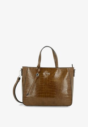 Borsa in pelle marrone con motivo a coccodrillo, dotata di due manici, una tracolla removibile e un piccolo charm decorativo.
