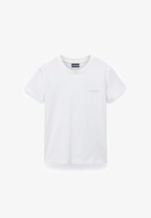 Kurzärmliges, weißes Baumwoll-T-Shirt mit rundem Halsausschnitt und einem kleinen, hellen Logo auf der linken Brust. Glatte Textur und klassischer Schnitt.