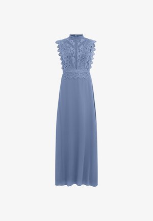 Ärmelloses blaues Maxikleid mit hohem Ausschnitt, Spitzenoberteil mit Blumenmustern, gezackten Kanten und fließendem, einfarbigem Rock.