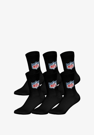 Schwarze Socken mit geripptem Design und NFL-Logo in Blau, Rot und Weiß. Set mit sechs Paaren, hergestellt aus einem weichen, dehnbaren Material.