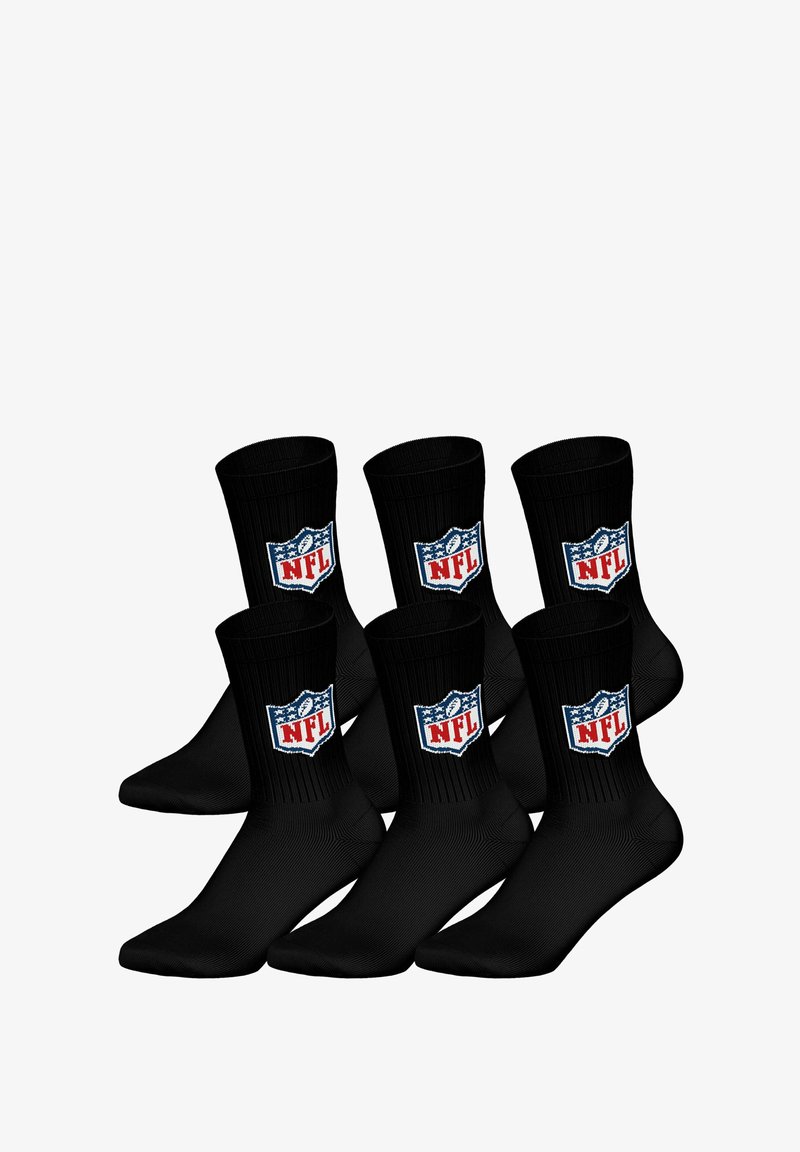 Schwarze Socken mit geripptem Design und NFL-Logo in Blau, Rot und Weiß. Set mit sechs Paaren, hergestellt aus einem weichen, dehnbaren Material.