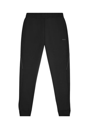 Pantalones de chándal negros fabricados en una mezcla de algodón, con una cinturilla elástica, piernas ajustadas y sutiles acentos grises a los lados.