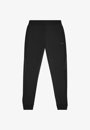 Pantalones de chándal negros fabricados en una mezcla de algodón, con una cinturilla elástica, piernas ajustadas y sutiles acentos grises a los lados.