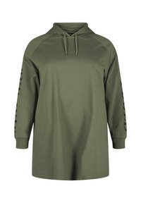 Felpa con cappuccio a maniche lunghe color verde oliva, dotata di coulisse, con testo stampato lungo la manica sinistra, realizzata in morbido materiale di cotone.