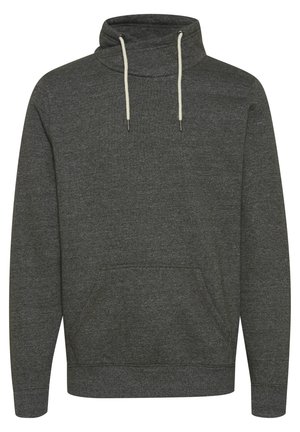 Karbonski sivi dukserica s visokim ovratnikom, podesivim vezicama i prednjim kengur džepom. Mekana tkanina s rebrastim manžetama i donjim rubom.