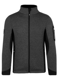 Graue Fleecejacke mit hohem Kragen, Reißverschlussfront und schwarzen Seitenpaneelen. Verfügt über eine Reißverschlusstasche am linken Arm.