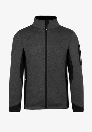 Graue Fleecejacke mit hohem Kragen, Reißverschlussfront und schwarzen Seitenpaneelen. Verfügt über eine Reißverschlusstasche am linken Arm.