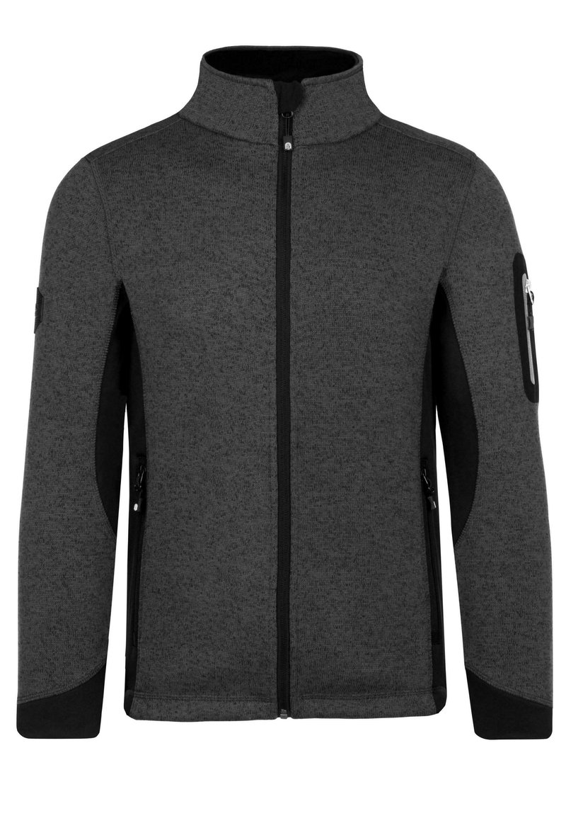 Graue Fleecejacke mit hohem Kragen, Reißverschlussfront und schwarzen Seitenpaneelen. Verfügt über eine Reißverschlusstasche am linken Arm.