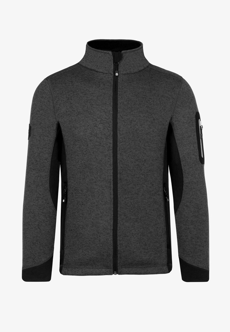Graue Fleecejacke mit hohem Kragen, Reißverschlussfront und schwarzen Seitenpaneelen. Verfügt über eine Reißverschlusstasche am linken Arm.