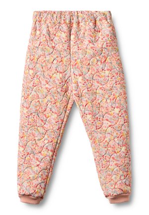 Pantalones acolchados con cinturilla elástica y puños, con un patrón floral multicolor en tonos de rosa, naranja y amarillo.