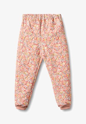 Gewatteerde broek met elastische tailleband en boorden, met een meerkleurig bloemmotief in tinten roze, oranje en geel.