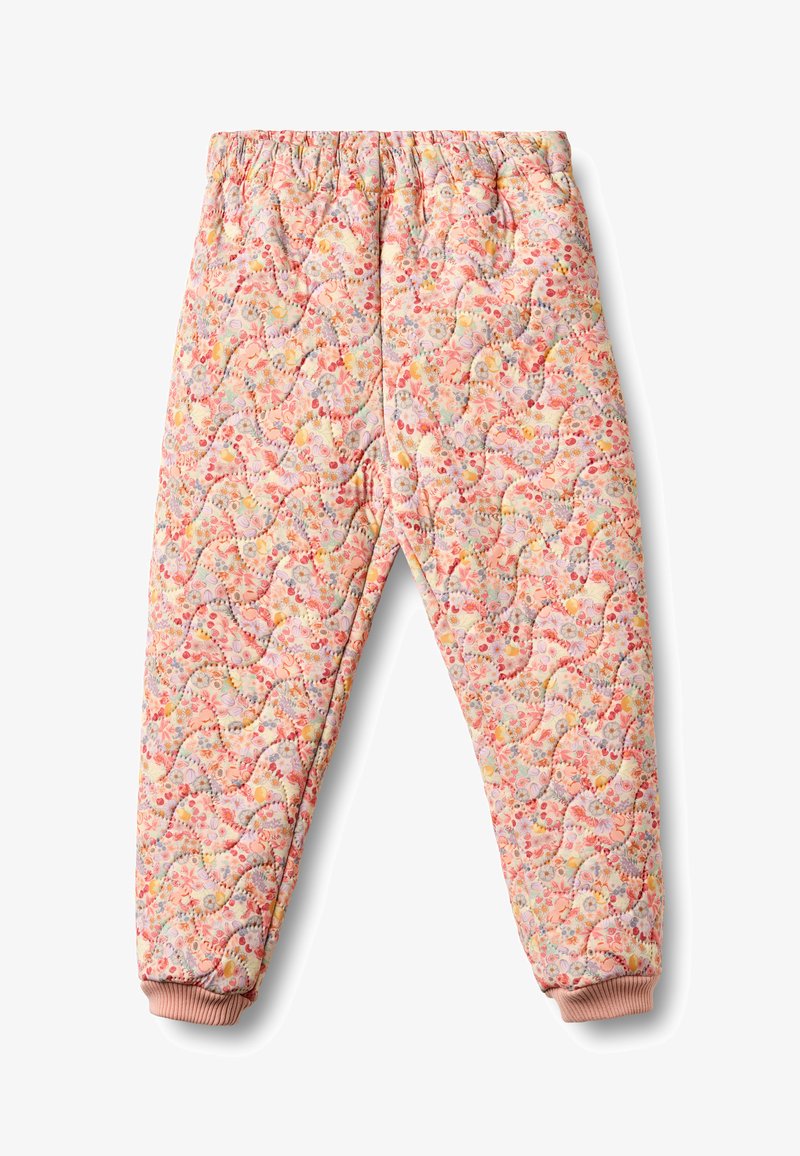 Pantaloni trapuntati con vita e polsini elasticizzati, caratterizzati da un motivo floreale multicolore nelle tonalità di rosa, arancione e giallo.