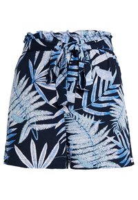 Granatowe szorty z gumką w talii i związaniem, z wzorem w liście w jasnoniebieskim i białym kolorze na gładkim, oddychającym materiale.