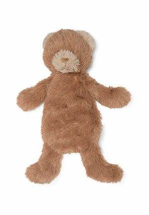 Peluche ours en peluche marron doux avec museau et oreilles beige plus clairs, allongé à plat sur un fond blanc.
