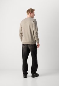 Grå hettegenser med ribbestrikkede mansjetter og kant, brukt over sorte bukser, vist bakfra. Glatt tekstur, avslappet passform, ensfarget design.