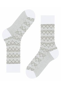 Texturierte Socken mit geometrischem Muster in Hellgrün und Weiß. Mit einem weißen Bündchen und Zehen, sowie einem gerippten Design am oberen Teil.