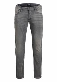 Jeans de mezclilla gris con corte Slim, diseño de cinco bolsillos y sutiles detalles de desgaste. Presenta un cinturón con trabillas y un cierre de cremallera.