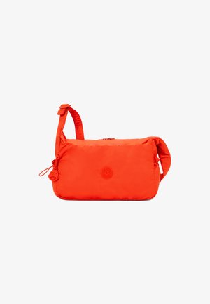 Orange nylon skuldertaske med lynlås, justerbar rem og cirkulært logo-design. Glat tekstur med polstret design.