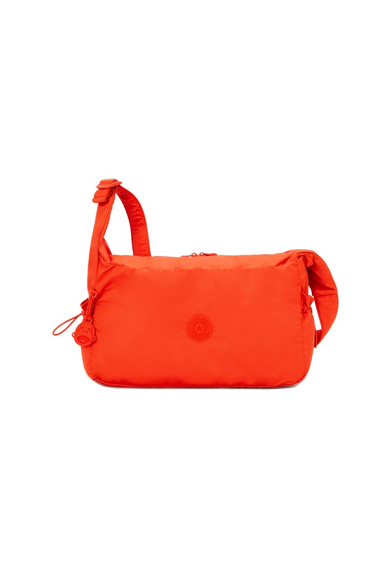 Orange nylon shoulder bag with a zippered closure, adjustable strap, and circular logo detail. Smooth texture with a padded design.
