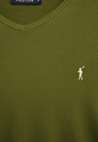 Pull en tricot vert olive avec col en V et petit logo brodé d'un joueur de polo blanc sur la poitrine.