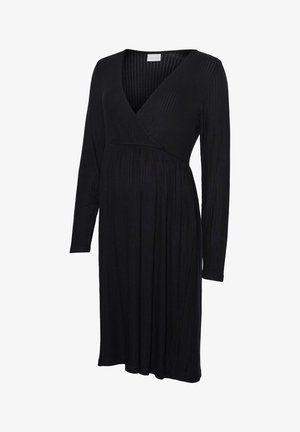 Zwarte, lange mouwen wikkeljurk gemaakt van gestructureerde ribstof; voorzien van een V-hals en een vloeiende silhouet, geschikt voor zwangerschapskleding.