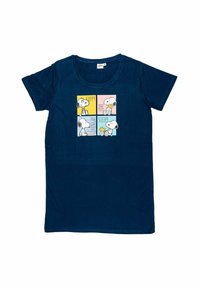 T-shirt blu navy con quattro quadrati colorati che mostrano Snoopy e Woodstock con le parole: Felice, Amore, Affamato e Sonnolento.