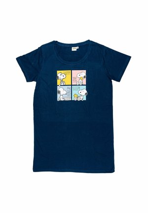 Navy blue T-shirt with four colorful squares showing Snoopy and Woodstock with words: Happy, Love, Hungry, and Sleepy.