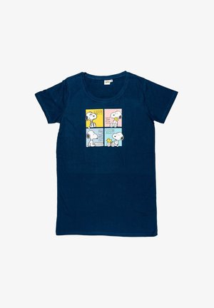 Navy blue T-shirt with four colorful squares showing Snoopy and Woodstock with words: Happy, Love, Hungry, and Sleepy.