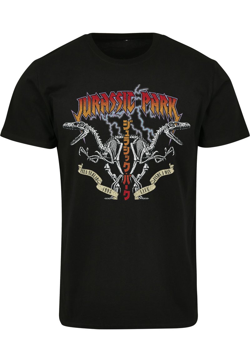 Sort bomulds t-shirt med grafisk tryk af dinosaur skeletter og "Jurassic Park" tekst i fede farver og lynmønstre.