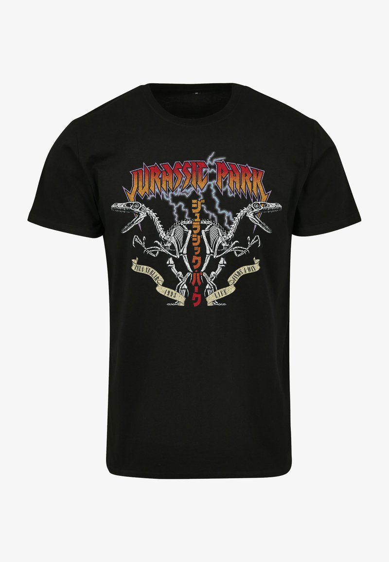T-shirt en coton noir avec un imprimé graphique de squelettes de dinosaures et le texte "Jurassic Park" en couleurs vives et motifs éclairs.