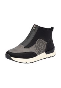 Schwarze und graue Knöchelstiefel mit Reißverschluss, aus Wildleder und Stoff, mit Rosenmuster details an der Seite, weiße strukturierte Sohle.