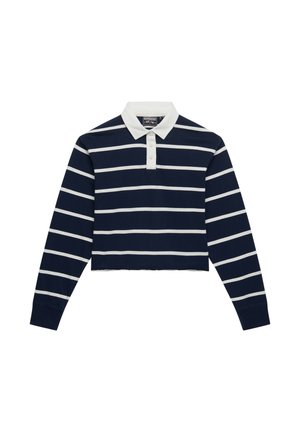 Polo a maniche lunghe corta blu navy con strisce orizzontali bianche e colletto bianco. Presenta una patta con tre bottoni al collo.