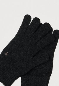 Guanti neri lavorati a maglia con finitura testurizzata, che presentano cinque dita e un piccolo accento a stella ricamata sulla zona del polso.