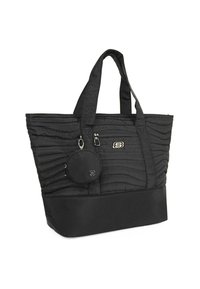 Bolso tote negro con un diseño acolchado, fabricado en un tejido resistente, con asas dobles y un pequeño bolso con cremallera desmontable adjunto. Presenta un detalle de logo.