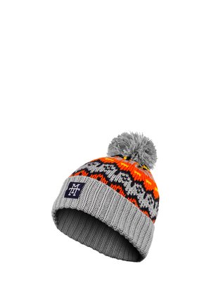 Gray knit winter hat with orange, black, and yellow zigzag pattern, a pom-pom on top, and a folded cuff with a navy logo patch.