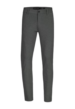 Pantalons en coton gris mélangé avec une coupe droite, dotés d'une fermeture à bouton à l'avant, de passants de ceinture et d'un design épuré.