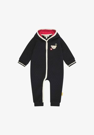 Tutina per bambini in navy con cappuccio, zip a contrasto crema e design ricamato di un orsetto con stelle. Tessuto morbido e texture, con polsini a costine.