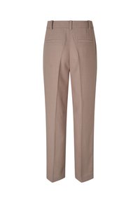 Light brown trousers with a tailored fit, featuring two back pockets and a smooth, textured fabric. Straight leg design with pleats.