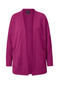 Langärmlige, offen frontale Strickjacke in Fuchsia, mit geripptem Textur, zwei Fronttaschen und lockerer Passform.