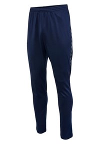 Pantaloni sportivi navy con tessuto testurizzato, vestibilità affusolata, vita elasticizzata e strisce laterali a contrasto per un tocco di dettaglio.