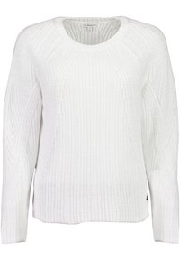 Weißer, gestrickter Pullover mit Rundhalsausschnitt, geripptem Design und langen Ärmeln. Das Design umfasst diagonale Strickmuster und einen leichten Saum.