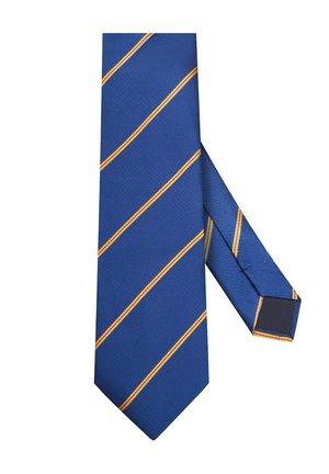 Niebieski krawat w diagonalne żółte paski, wykonany z textured materiału. Projekt zawiera jednolitą kolorową tylną część oraz spiczasty koniec.
