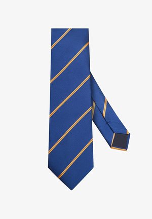 Niebieski krawat w diagonalne żółte paski, wykonany z textured materiału. Projekt zawiera jednolitą kolorową tylną część oraz spiczasty koniec.