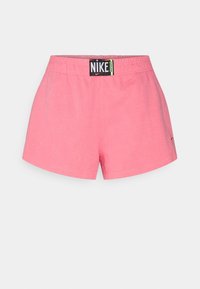 Rosa lätta träningsshorts gjorda av mjukt material, med elastisk midja och en liten svart Nike-logga på nedre vänstra sidan.